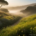 Home 5 디지털 스토리에서의 서브텍스트 활용하기 - A serene and misty early morning scene in a lush Portuguese valley. Soft, ethereal golden sunlight f...