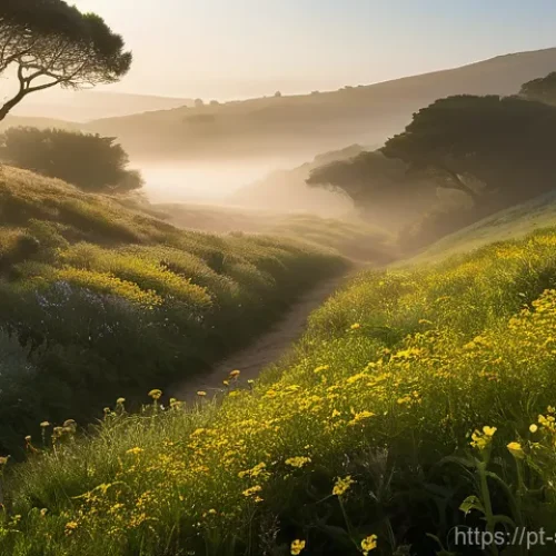 Home 17 디지털 스토리에서의 서브텍스트 활용하기 - A serene and misty early morning scene in a lush Portuguese valley. Soft, ethereal golden sunlight f...
