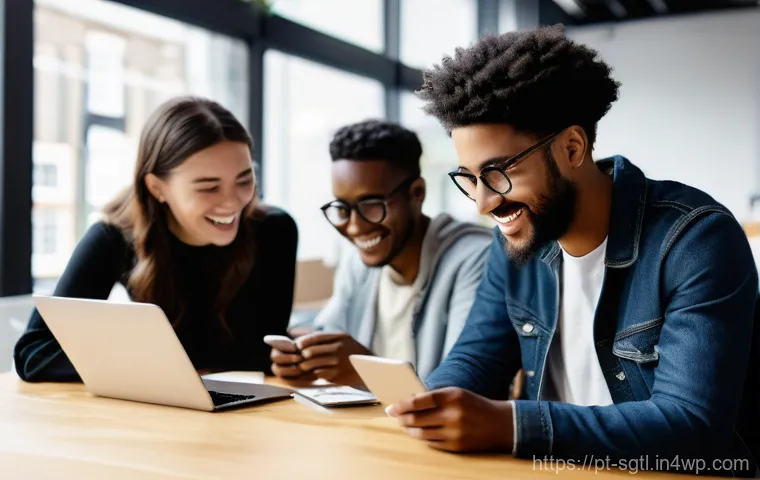 디지털 스토리 구조화의 실수와 해결 방안 - **Prompt:** A young, diverse group of friends, aged around 20-30, are gathered comfortably in a mode...