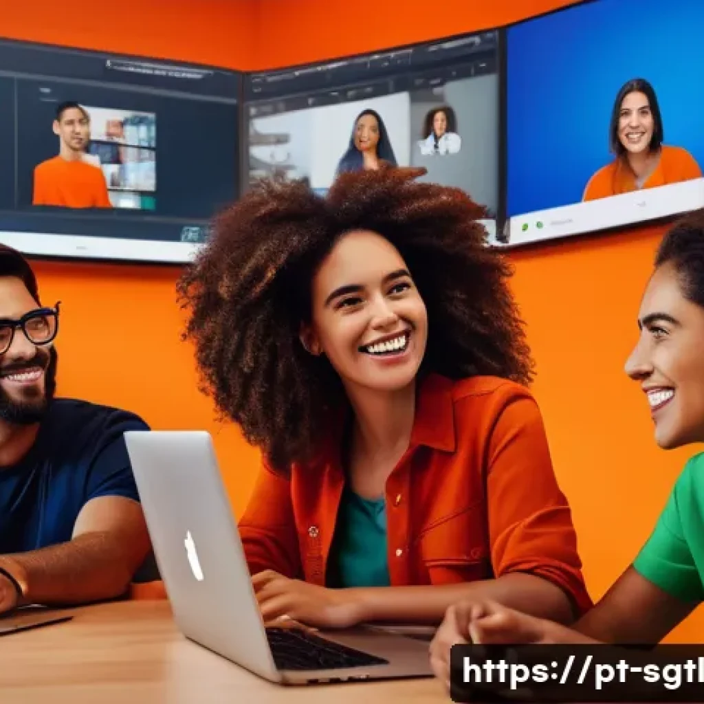 디지털 스토리에서의 감정적 요소의 중요성 - A vibrant digital storytelling scene showing a diverse group of Brazilian content creators collabora...