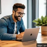 Home 14 디지털 스토리의 비즈니스 기회 탐색 - A professional content creator working at a modern home office, surrounded by digital tools like a l...